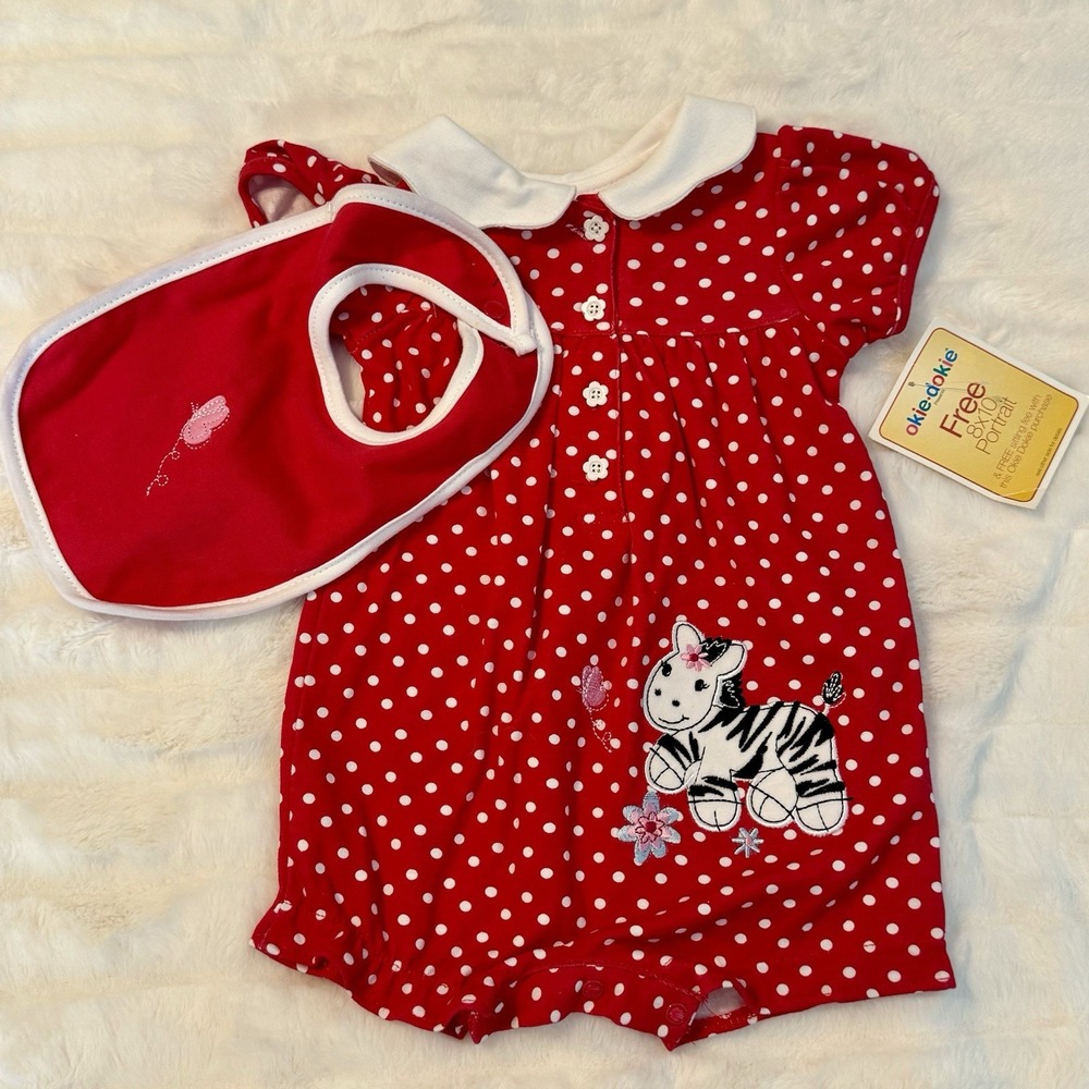 Vtg Okie Dokie‎ Romper Girl 3-6M Y2K Red Polka Dot w/ JCPenney Photo Tag